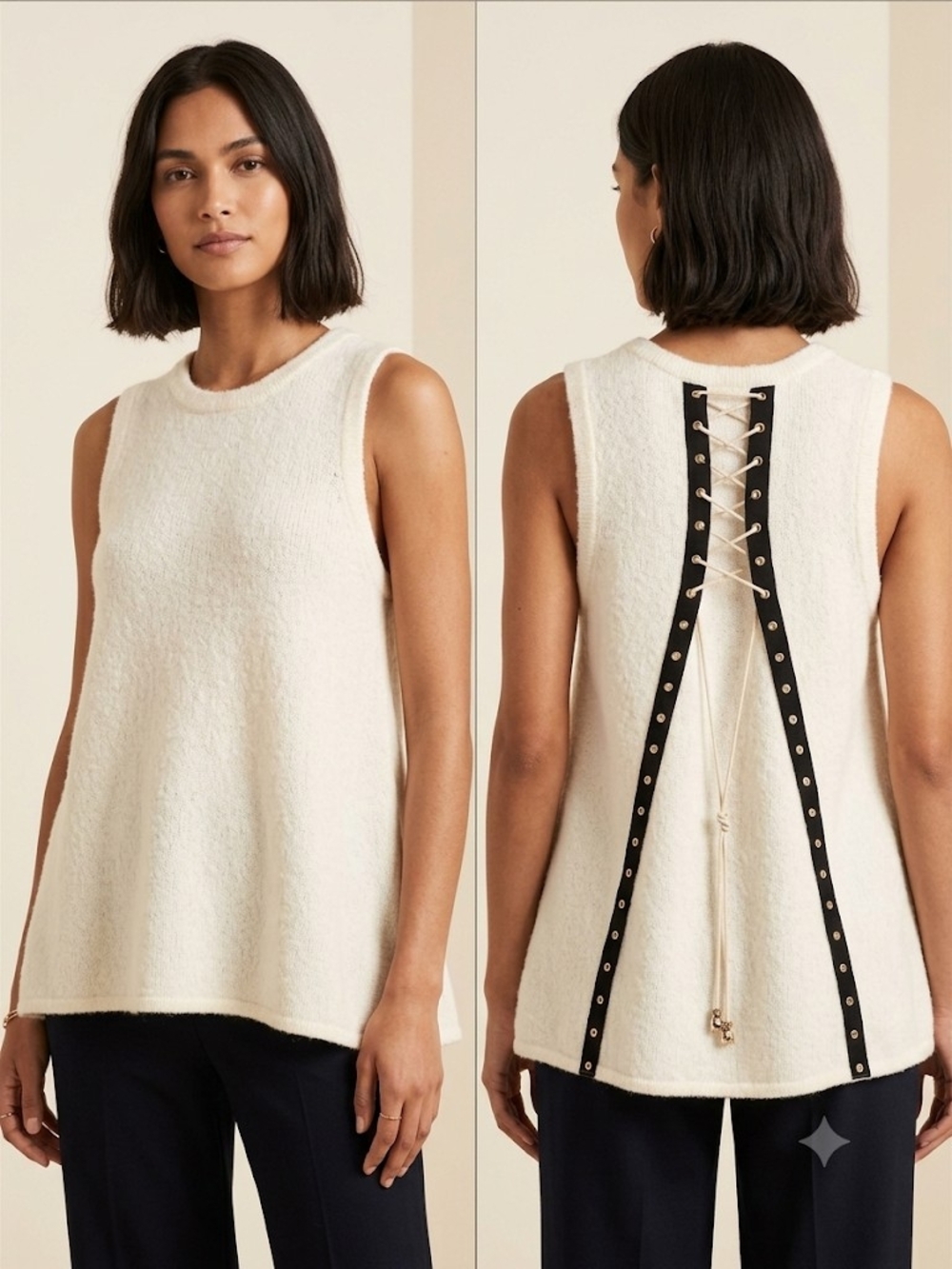 POL Boho Ivory Knit Lace-Up Back Sweater Vest Tank